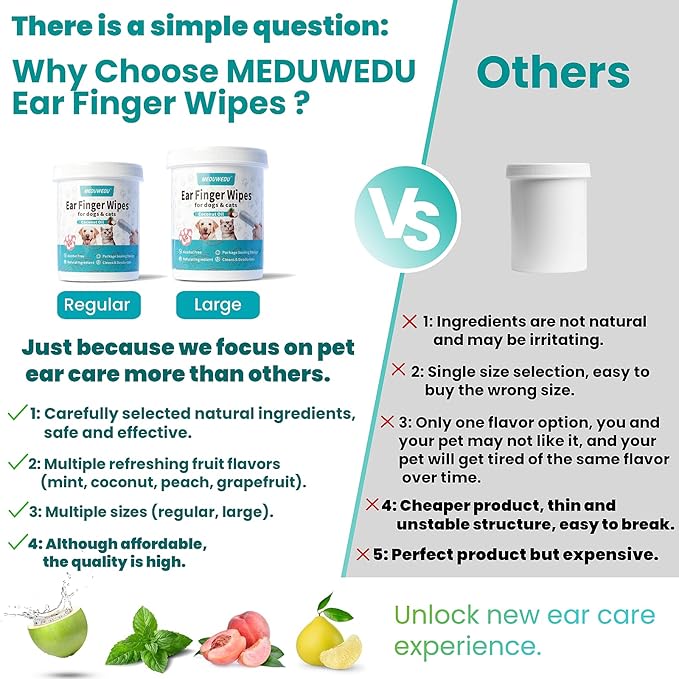 MEDUWEDU Ear Cleaner Finger Wipes 60 Counts, Dog Ear Cleaner, Grooming Kit Care for Dogs and Cats, Soft & Easy Otic Cleaning Pads, Remove Wax, Dirt & Stop Smelly, Itchy, Non-Irritating, Unscented