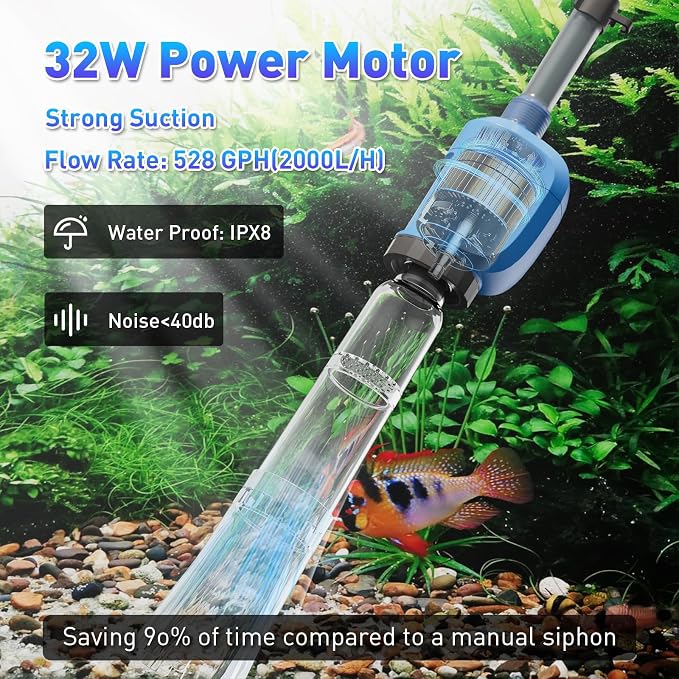 6-in-1 Electric Aquarium Gravel Cleaner, 530GPH Fish Tank Vacuum Cleaner with Upgraded Extended Sand Washer Cup, Water Changer, Debris Remover & Circulation Pump, Quiet 32W Pump for Freshwater Tanks