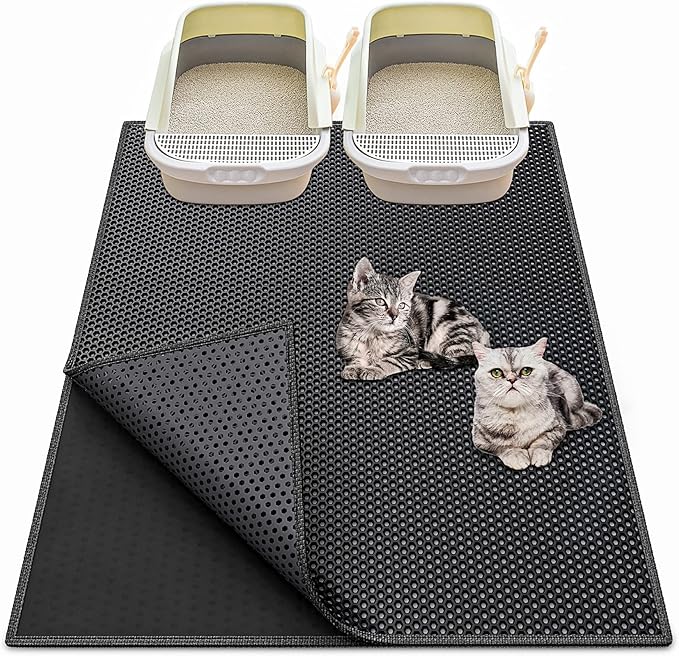 Waretary Cat Litter Box Mat: 36"x 30" Waterproof Kitty Cat Litter Trapping Mat, Easy-clean Double-layer Scatter Control Pad Rug (Black)