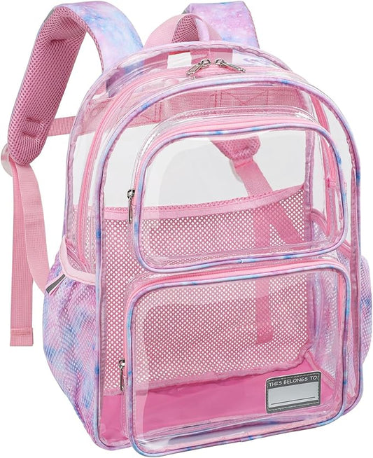 Bagseri Clear Backpack for Girls - 15 Inch Heavy Duty Kids Clear Bookbag for Kindergarten to Grade 2, Transparent School Bag with Reflective Strip, Fits Folders, Pink Tie-dye