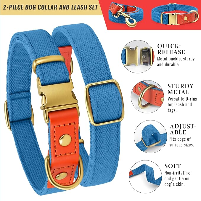 Dog Collar and Leash Set with Metal Quick Release Buckle, Adjustable, Breathable Nylon, Durable, Soft and Comfortable, No Pull for Walking and Training, Blue, L (14.9"-22.8")
