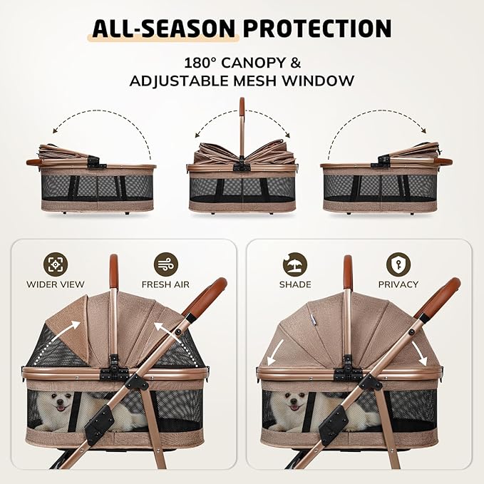 Pet Stroller for Small/Medium Dogs & Cats Up to 50 lbs, 3-in-1 Foldable Stroller w/Detachable Carrier & Car Seat, Removable All-Season Liner, Sunshade, Storage Basket & Cup Holder, All-Terrain, Khaki