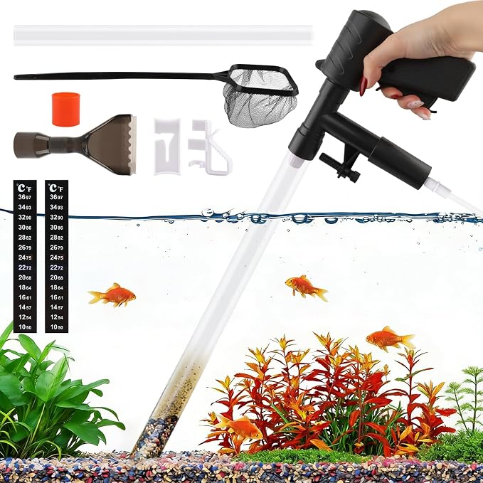 Aquarium Gravel Cleaner, Fish Tank Cleaner Kit, Aquarium Manual Press Noiseless Water Changer, Including Net,Thermometers & Cleaning Accessories for Fish Tank Maintenance