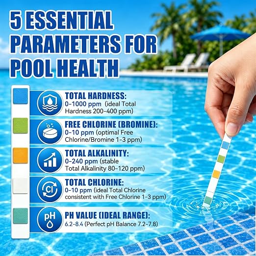 5 in 1 Pool Test Strips, for Water Pool & Hot Tub & Spa & Swimming Pools | Accurate Water Tester, Test for pH, Alkalinity, Free Chlorine,Total Chlorine &Hardness 50 Strips