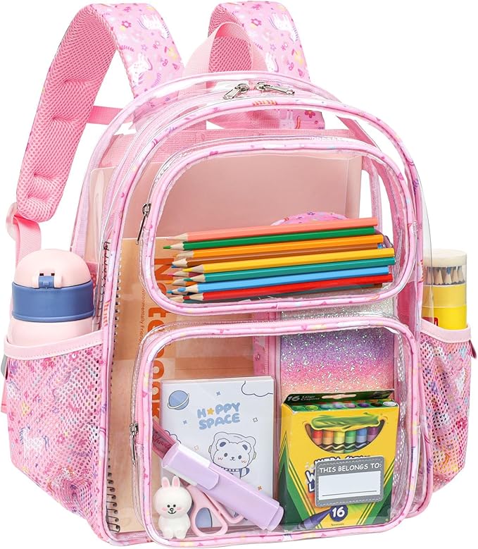 Clear Backpack for Girls, 15 Inch Heavy Duty Transparent Bookbag for Kindergarten to 2nd Grade, PVC See Through Daypack with Reflective Straps, Fits Standard Folders, Pink Unicorn