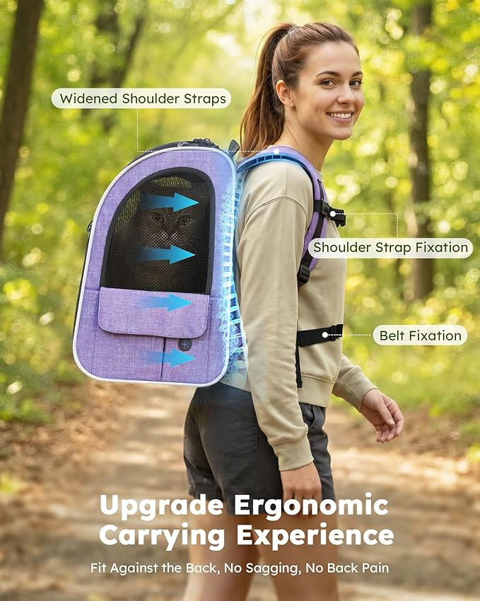 Pecute Cat Backpack Carrier Expandable, Pet Backpack for Cats & Small Dogs Up to 11lbs, with 4-Side Breathable Mesh, Multi-Entry & Lockable Zippers for Travel, Hiking, Camping - Hands Free, Purple