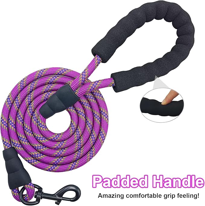 MayPaw Heavy Duty Rope Dog Leash, 6/8/10/15/20/30FT Long Nylon Pet Leash, Soft Padded Handle Thick Lead Leashes for Large Medium Dogs (Purple, 1/2" * 10')