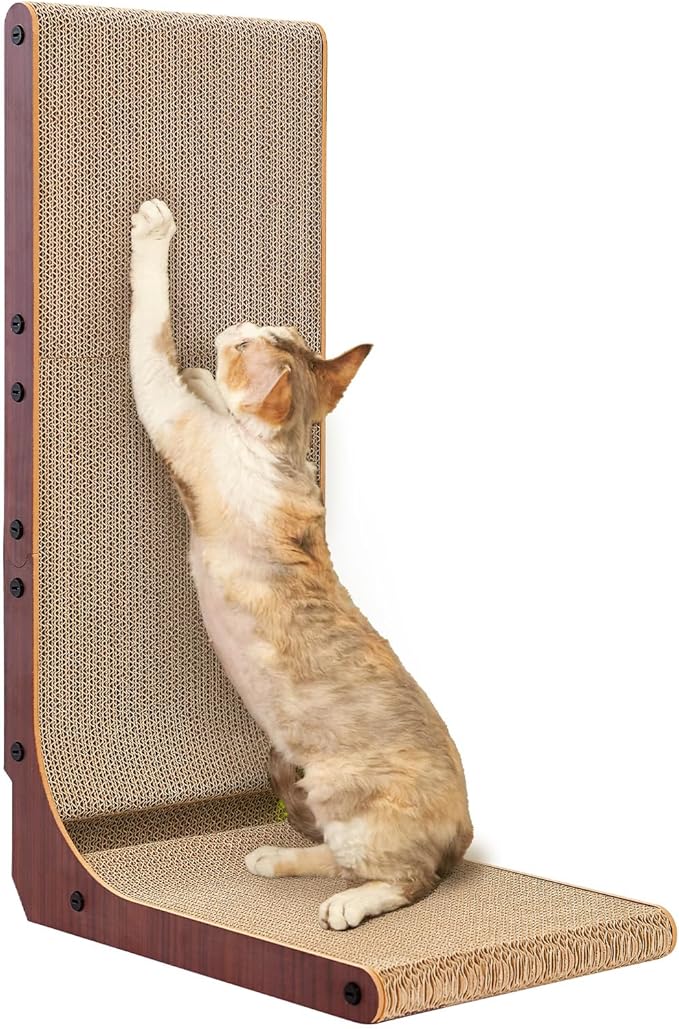 EHEYCIGA Cardboard Cat Scratcher for Indoor Cats, 26.8 Inch L Shaped Vertical Cat Scratching Board with Ball Cat Toy, Large Cat Scratcher Pad, Dark Brown