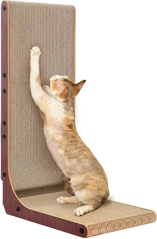 EHEYCIGA Cardboard Cat Scratcher for Indoor Cats, 26.8 Inch L Shaped Vertical Cat Scratching Board with Ball Cat Toy, Large Cat Scratcher Pad, Dark Brown