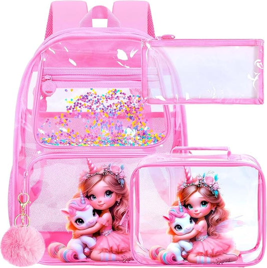 AGSDON 3PCS Unicorn Clear Backpack for Girls,16" Transparent Bookbag Heavy Duty, Cute See Through Backpacks with Lunch Bag - Pink