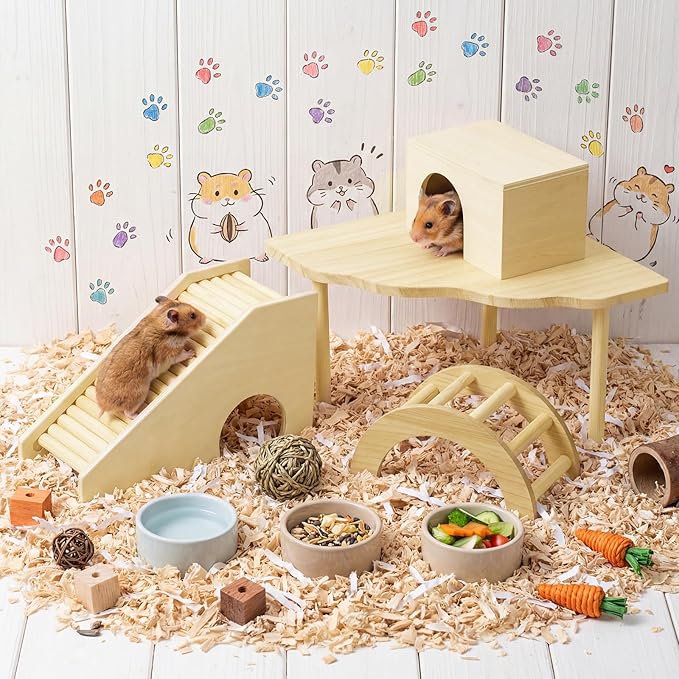 BreezeHug 4 Pcs Hamster Platform Hideout Wooden Tunnel Ladder Playhouse Hamster Game Climbing Toy with Platform Cage Accessories for Pets Dwarf Syrian Mice Degus Gerbils Squirrel(Log Cabin)