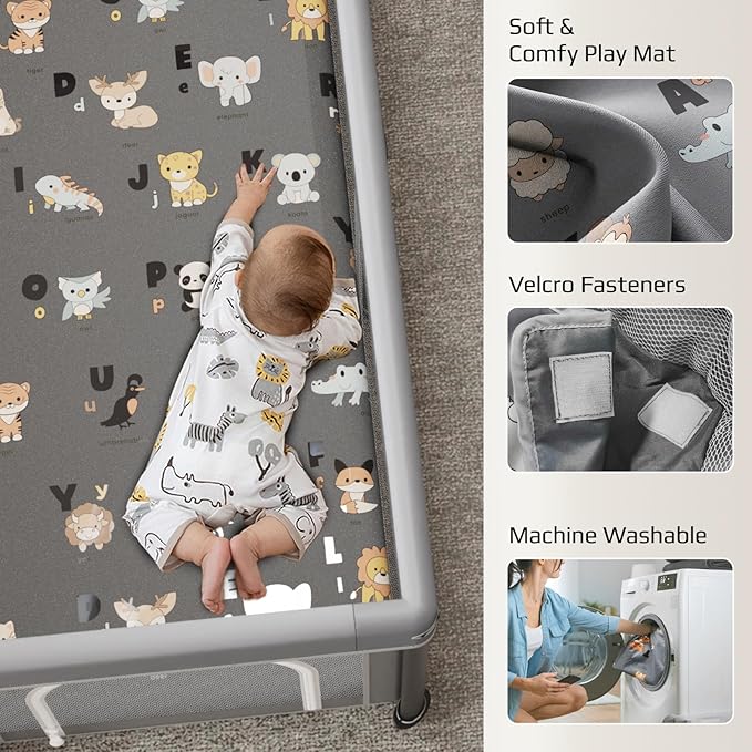 Foldable Baby Playpen with Mat,50"×50" Collapsible Playard for Babies and Toddlers,Indoor&Outdoor Kids Safety Play Pen,Portable Travel Playpen ‌with Travel Pack and 30 Ocean Balls