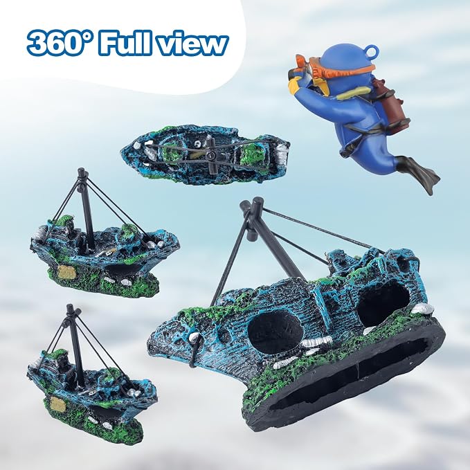 16 Pcs Aquarium Decor Set Shipwreck Decoration Little Diver Floating Fish Tank Decoration Fish Tank Plants