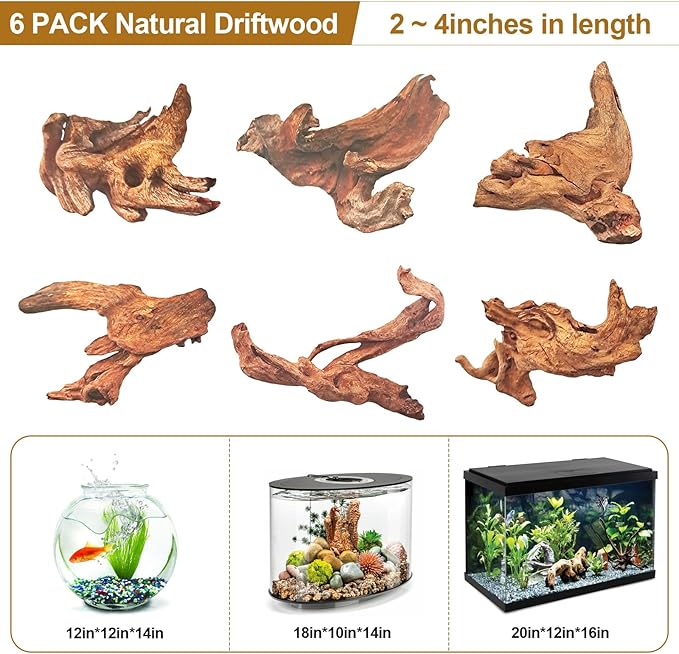 Natural Driftwood Decor for Aquarium Decorations Reptile Tank Accessories, Assorted Wood Branches Decorations on Reptile Fish Tank 2-10" 2 Pcs/4 Pcs/ 5 Pcs/ 6 Pcs (Pack of 6 (2 to 4 Inch))