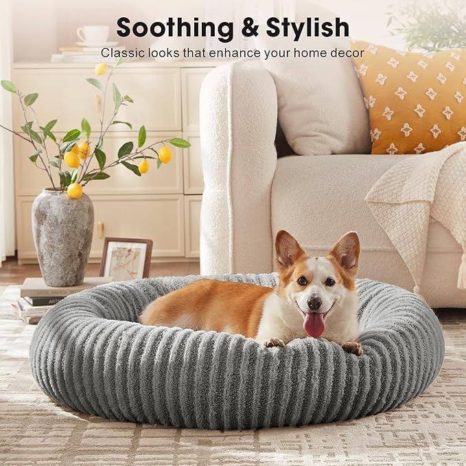 MIXJOY Dog Bed Medium Size Dogs, Washable Medium Dogs Bed with Removable Cover, Cozy Donut Dog Ded Fluffy Plush Faux Fur Pet Bed with Anti-Slip Bottom, 30"x30"x8", Grey