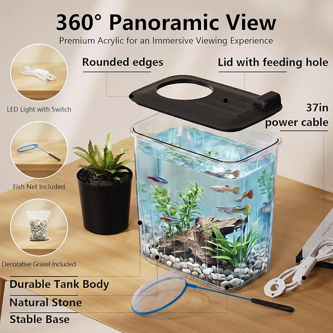 0.8 Gallon Betta Fish Tank Aquarium Starter Kit with Light and Lid(Black) | Premium Acrylic Aquarium with Light and Lid, Crystal Clear Starter Kit for Betta Fish, Shrimp, Snails and Small Fish