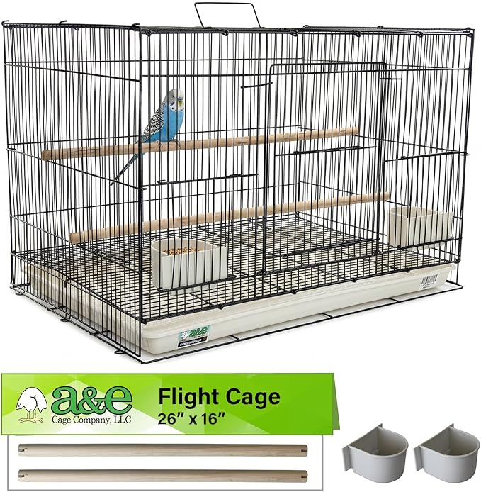 A&E Cage Co 503 Flight Cage – 24"x16"x16" Small Bird Cage with Slide-Out Tray, Wood Perch, Dual Feeding Stations & Carry Handle – Black Powder Coated Cage for Finches, Canaries & Small Birds