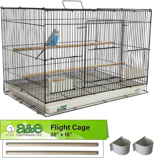 A&E Cage Co 503 Flight Cage – 24"x16"x16" Small Bird Cage with Slide-Out Tray, Wood Perch, Dual Feeding Stations & Carry Handle – Black Powder Coated Cage for Finches, Canaries & Small Birds