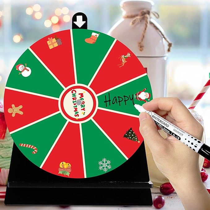 iobiotio Christmas Party Spinning Prize Wheel, 8 inch Game Spinner Wheel for Prizes with Stand, 10 Slots Color Small Tabletop Roulette Spinner, Easy Assembly and Erasable, Portable