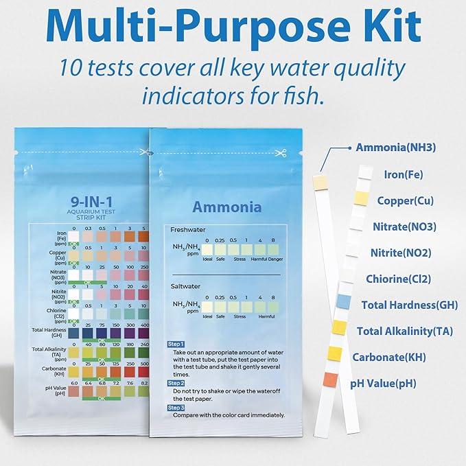 10-in-1 Ammonia Test Kit Aquarium (100 Strips): 50 Multi-Test + 50 Ammonia | Aquarium Test Strips for Freshwater & Saltwater. for Fish Tanks, Aquariums & Pond Water Test kit. Test Nitrate, pH & More