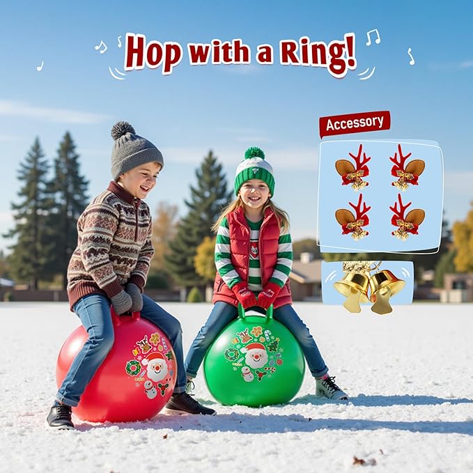 2-Pack Hopper Ball for Kids 18In Sit On Bouncy Ball with Handle with Christmas Reindeer Ears, The Top Green & Red Christmas Boys Girls Gifts for 4 5 6 7 8 Yr Old Indoor Outdoor Active Play