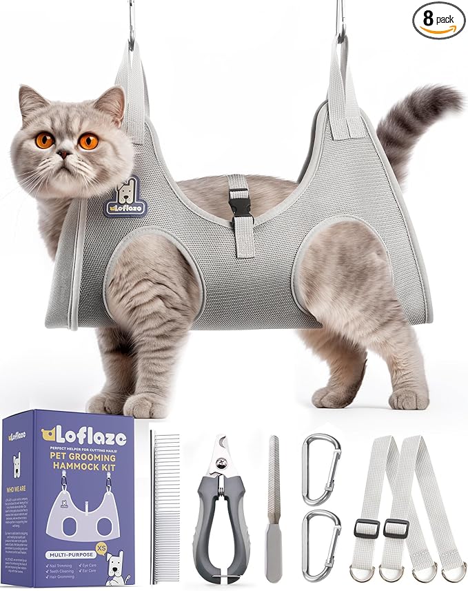 Loflaze Dog Grooming Hammock Harness for Dogs & Cats with Pet Nail Clipper Trimmer - Cat Hanger Sling for Trimming Clipping Nails- Dog Hammock Restraint Bag for Small Medium Large pet （ Grey XS）