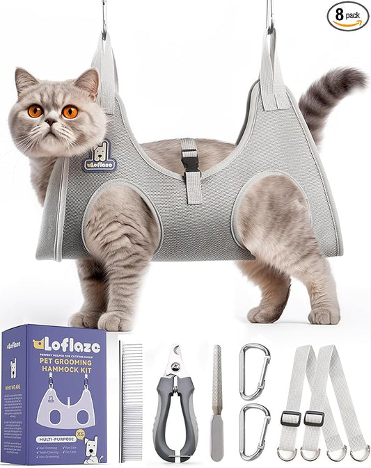 Loflaze Dog Grooming Hammock Harness for Dogs & Cats with Pet Nail Clipper Trimmer - Cat Hanger Sling for Trimming Clipping Nails- Dog Hammock Restraint Bag for Small Medium Large pet （ Grey XS）