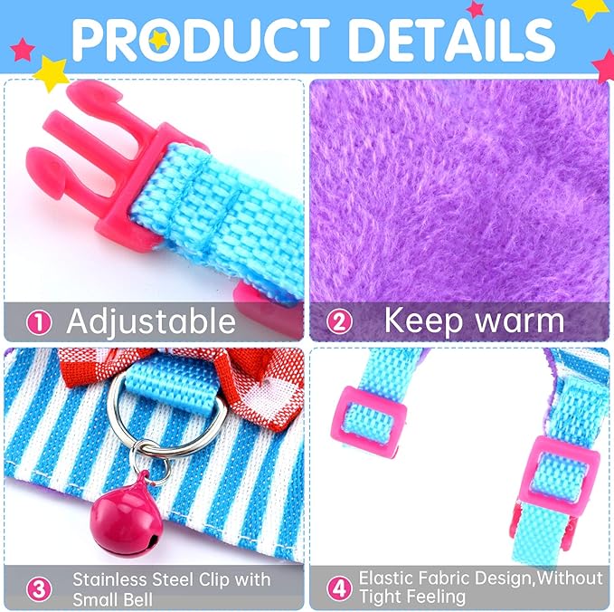 2 Pieces Hamster Harness and Leash Set for Walking, Small Guinea Pig Clothes with Bowknot Bell, No Pulling Comfort Padded Vest Striped for Guinea Pig Hamster Ferret, Small Animals (Blue, Black,M)