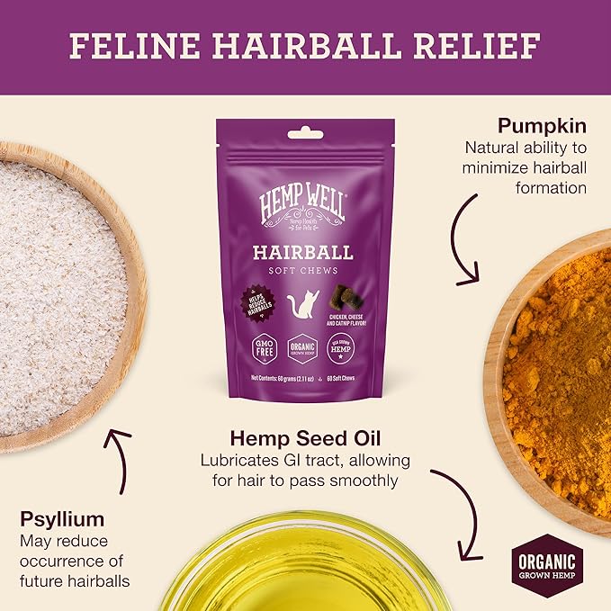 Hemp Well Cat Hairball Soft Chews for Cats, Hairball Control & Digestive Support, Organic Hemp Seed Powder, Pumpkin Seed & Psyllium Fiber, Skin & Coat Support, Chicken Cheese & Catnip Flavor, 60 Ct