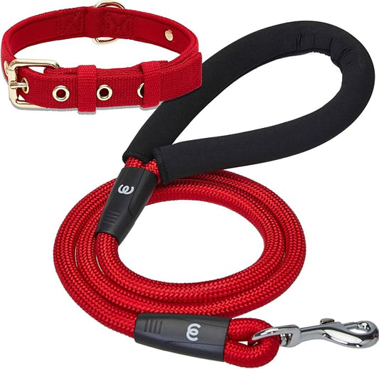 Blueberry Pet Classic Red Dog Leash & Collar Set, Puppy Essentials, Medium Size, 4 ft Rope Leash, Neoprene Padded, Gentle Leader for Dogs, Heavy Duty Dog Leashes for Large Dogs