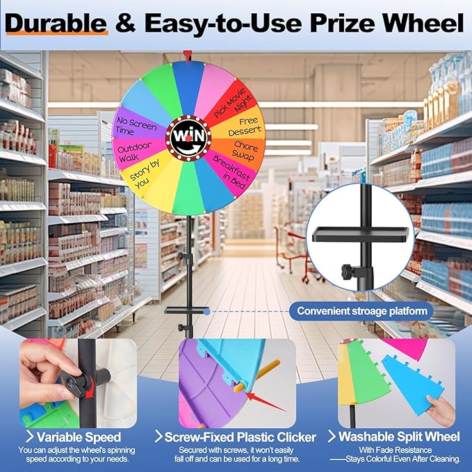 EMART 24-inch Spinning Prize Wheel, 14 Colors Adjustable 34"-60" Spin Doodle Game Spinner with Folding Tripod Stand for Party, Trade Show, Family with Portable Bag