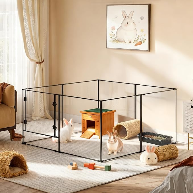 Acrylic Dog playpen Indoor: Clear Puppy Pen for Small Medium Dogs Cats with Metal Frame - 8panels 24inch Tall Transparent pet Fence with Door for Rabbits Guinea Pig