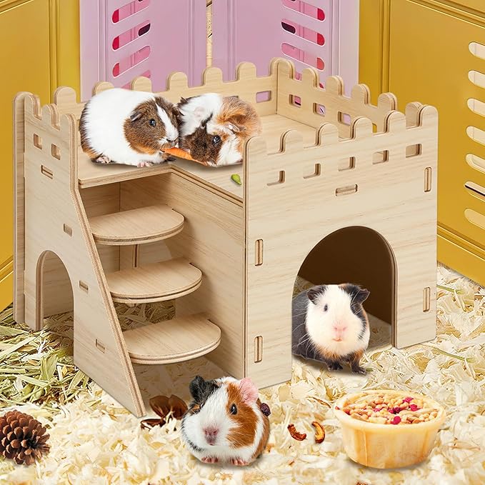 PETKNOWS 2 Pack Hamster Houses and Hideouts, Easy to Assemble Wooden Hamster Castle Small Animal House Bed with Stairs