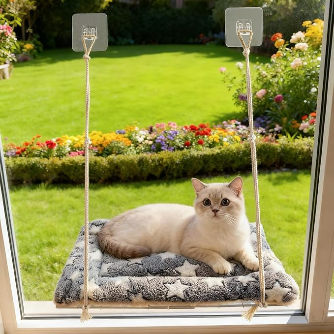 Cat Window Perch with Adhesive Hooks Foldable Cat Window Hammock for Cats up to 30 lbs, Sturdy Metal Frame, Easy to Adjust Assemble, Soft Removable Cushion Included, Cats Bed for Indoor Watching Bird