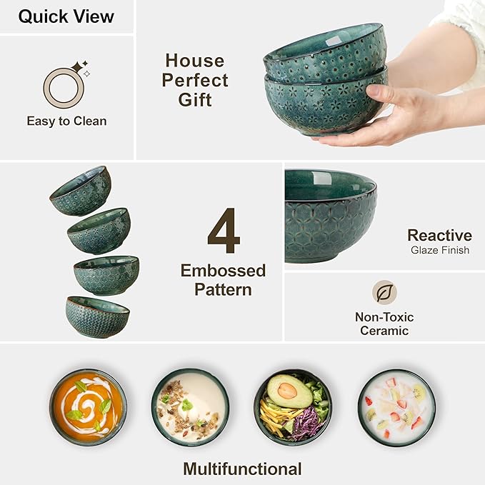 MALACASA Cereal Bowls, 30 Ounce Ceramic Green Soup Bowl for Kitchen, Stoneware Bowls Set of 4 with Embossment for Pho, Chip, Fruits, Salad, Noodle, Ramen - 6 Inch, Series LYDIA
