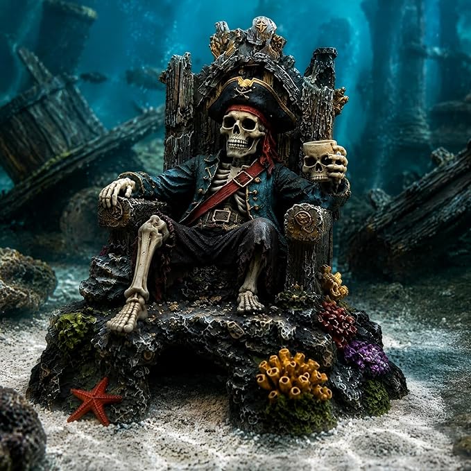 Pirate Skeleton Throne Aquarium Ornament Resin Fish Tank Hideout Cave for Small Fish Realistic Skull King Castle Decor 15cm Gothic Gothic Statues Freshwater Saltwater C