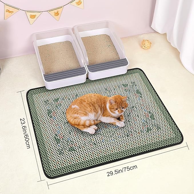 Bienbee Cat Litter Mat, 30"x24" Litter Mat Double Layer Litter Trapping Mat, Reduces Tracking and Keeps Floors Clean,Bean-Green Retro Floral L