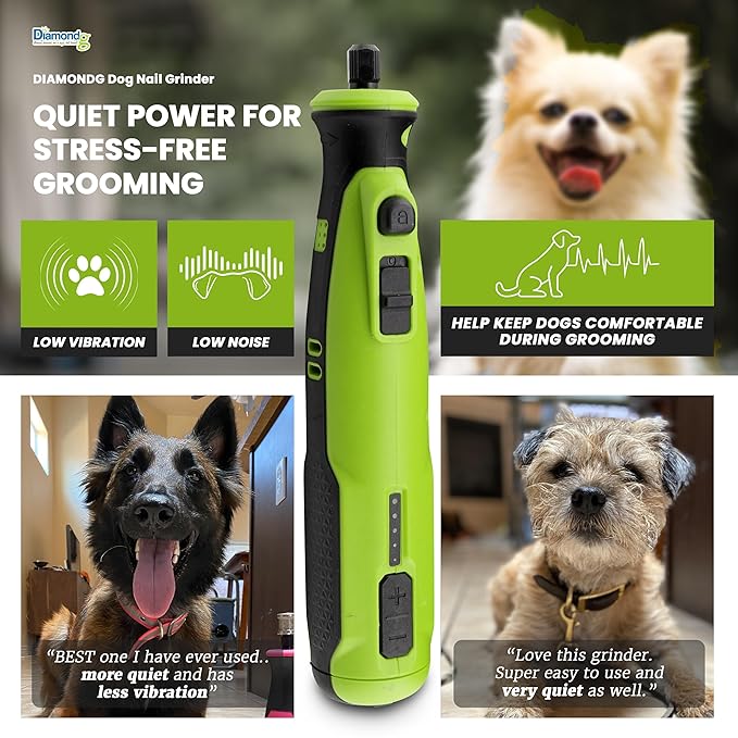 Diamondg Cordless Dog Nail Grinder with Quiet Sound & LED Tip for Large & Small Dogs, 4hrs. Runtime - Electric Dog Nail Trimmer, Heavy Duty Rotary Tool Alternative to Toenail Clippers & Filers