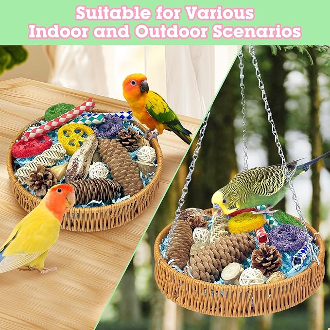 BNOSDM Rattan Bird Foraging Box 19 Pcs Natural Parrot Shredding Toys Boxes Colorful Bird Chewing Toy for Cockatiel Budgie Parakeet Conure Lovebird African Grey