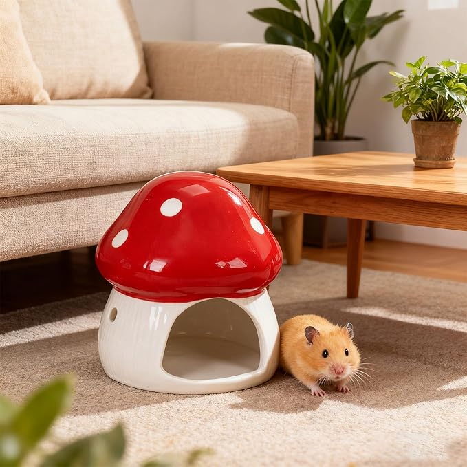 Ceramic Hamster House Hideaway House Outdoor Cute Mushroom Shaped Cave Guinea Pig Hideout for Small Pets Chipmunk Gerbils, Red