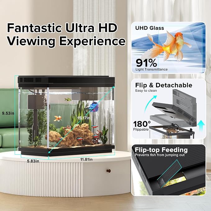 Vehipa 2.4 Gallon Fish Tank Aquarium Starter Kit | with Heater, Heater, 7-Color Light, 3-in-1 Quiet Pump for Betta, Guppy