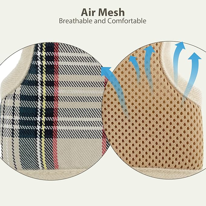 AIITLE Breathable Rabbit Harness and Leash Set - Plaid Pattern Padded Vest with Magic Tape Design, Dual D-Rings, Adjustable for Small Animal Pets, Indoor Outdoor Training Camping, Beige M