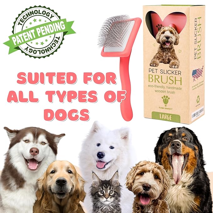 Flying Pawfect Dog Slicker Brush for Grooming Pet Hair - Best Slicker For Poodle & Golden Doodle - Long Haired Tool For Dogs - Goldendoodle Long Pin Brush For Dematting (Coral, Flat Large)