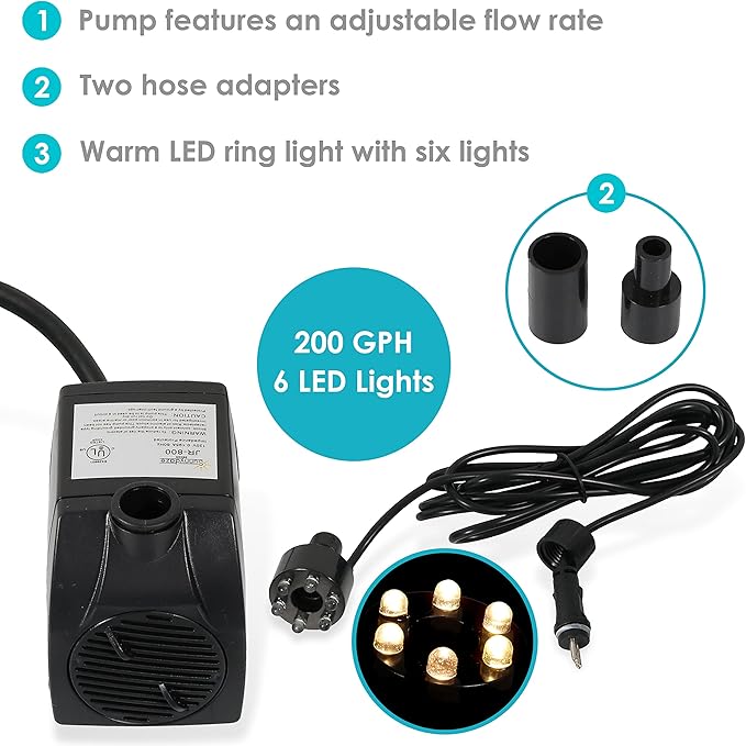 Sunnydaze 200GPH Submersible Fountain Pump with White LEDs & Transformer | 12V Small Fountain Pump with Adjustable Flow, Hose Adapters, 6' Cord, 4.3' Lift, Water Pump for Fountain, Bird Bath, Aquarium