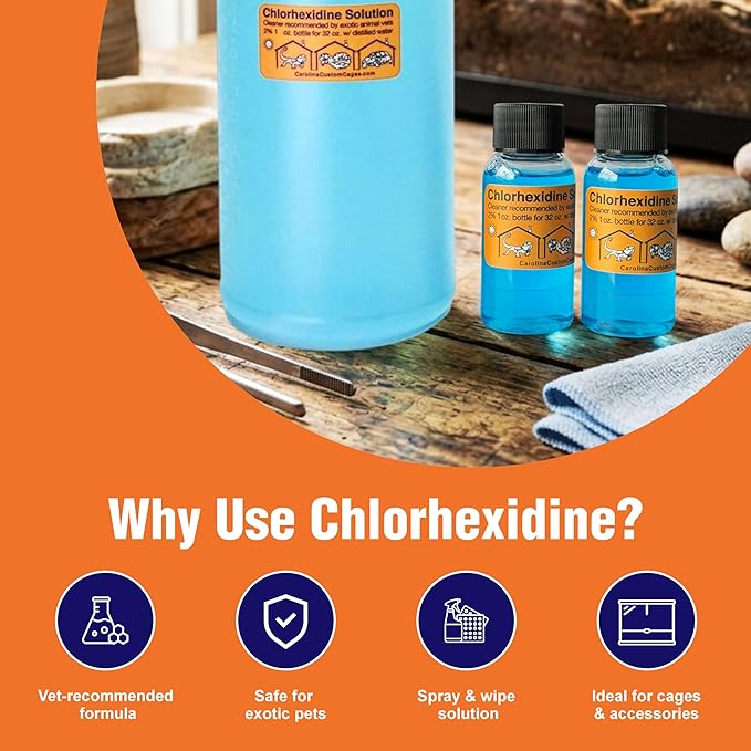 Chlorhexidine Solution 2% Spray Kit, Reptile Disinfectant Cleaning Solution, 32 oz Sprayer with Refills, Chlorhexidine Spray for Reptile Habitats