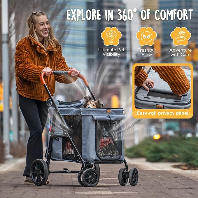 CANINE CANYON Scout Pet Stroller, Heavy Duty Dog Stroller for Large & Medium Dogs, Foldable Pet Stroller for 2 Dogs with All-Terrain Wheels, Storage Pocket & Cup Holder, 55 lbs Capacity, Grey