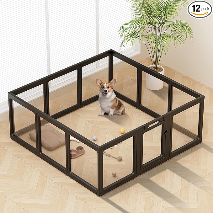 Clear Acrylic Dog Playpen Indoor, Puppy Cat Small Pet Play Pen, Pet Cat Playpen for Rabbits, Dog Fence Crate Kennel Whelping Cage (Black, 12 Panel)