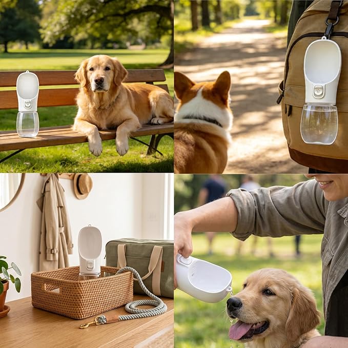 Portable Dog Water Bottle, Foldable Pet Water Dispenser with Drinking Trough, Leak-Resistant Travel Bottle, White, Ideal for Walking, Hiking & Outdoor Travel, 350ml White