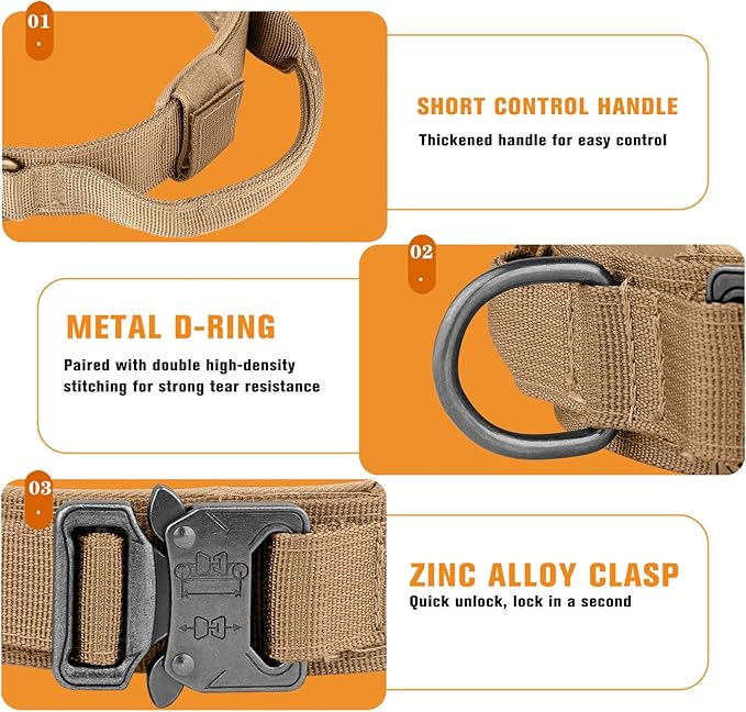 HYDEME Tactical Dog Collar Adjustable Nylon Collar with Control Handle and Heavy Metal Buckle for Medium and Large Dogs, with Patches&Airtags Case&Poop Bag Dispenser&Portable Bowl. (XL, Brown)