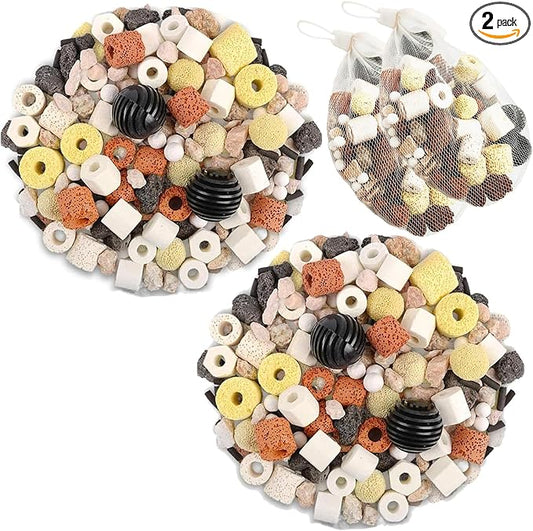 Hamiledyi 2 Pcs Aquarium Filter Media 12 in 1 Bio Balls Ceramic Rings Fish Tank Pond Biofilter Filter Media 1000 Grams with Mesh Bag
